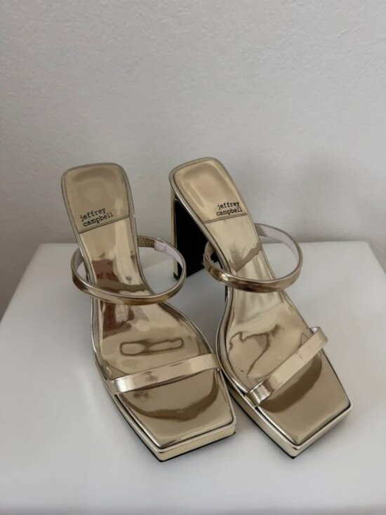 Jeffrey Campbell Shoes - Jeffrey Campbell Metallic Gold Square-Toe High Heel Slides